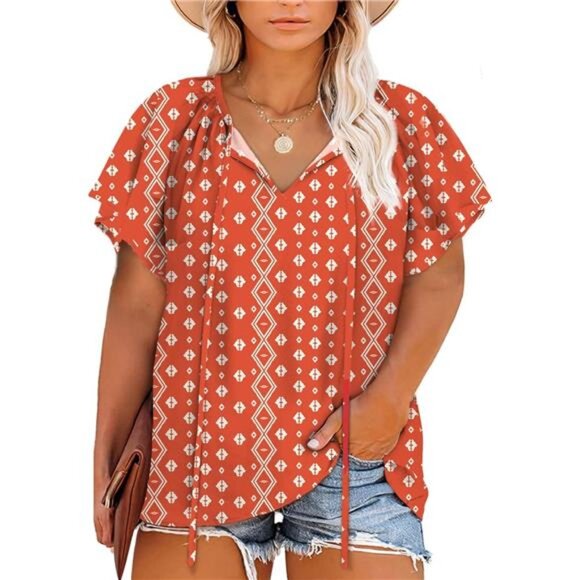 Women Plus Size Tops Boho Printed V Neck Short Sleeve Drawstring Casual Chiffon - Picture 1 of 6